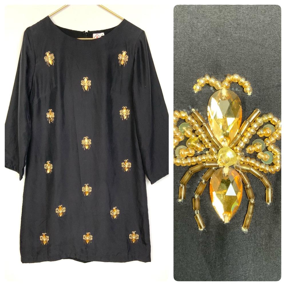 NWT Sheridan French Black Silk Insect Bug Bee Embellished Beaded Shift Dress 8